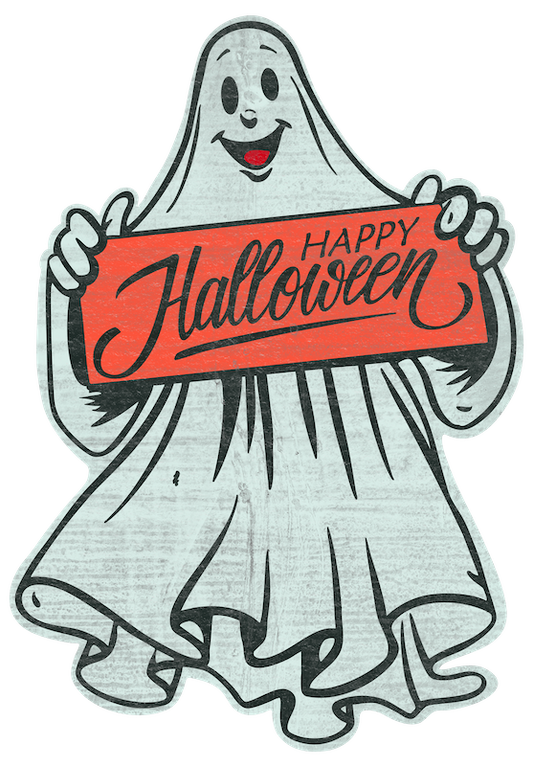 Grinning Ghost With Happy Halloween Greeting  (Custom Carved)