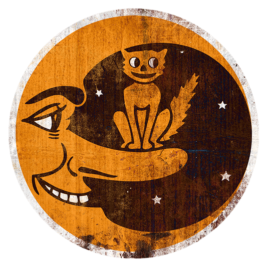 Antiqued Smiling Crescent Moon W Cat (Custom Carved)