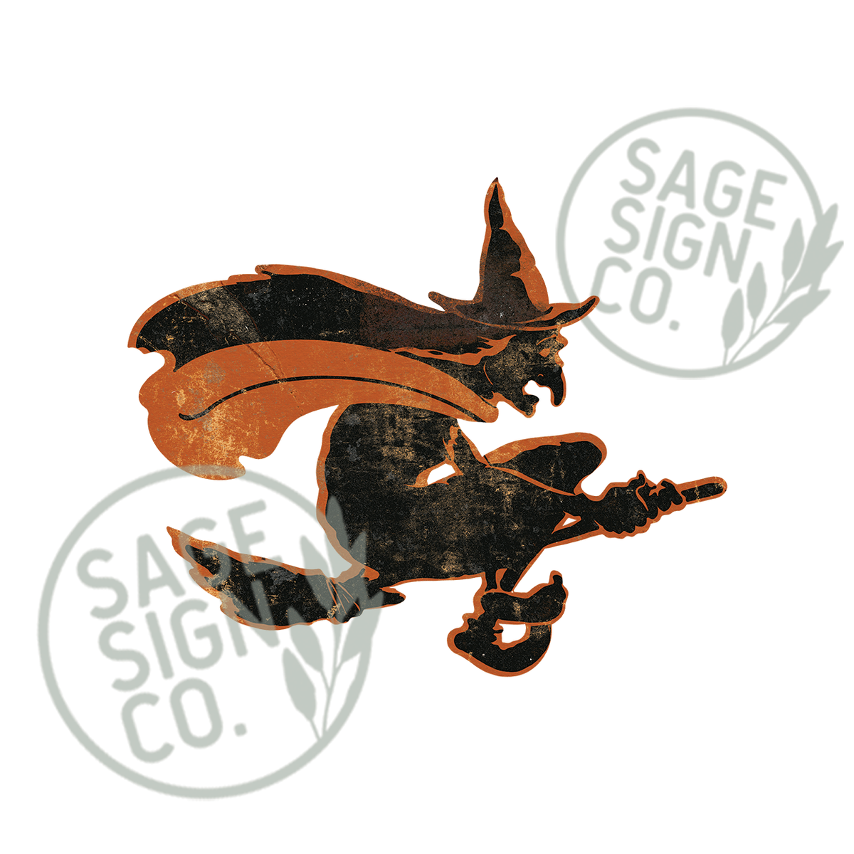Cackling Witch Midlight On Broom (Orange and Black) (Custom Carved)
